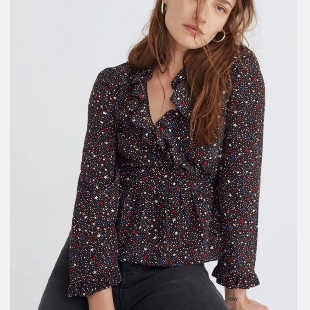 Madewell Long Sleeve Star Print Peplum Wrap Top- size M